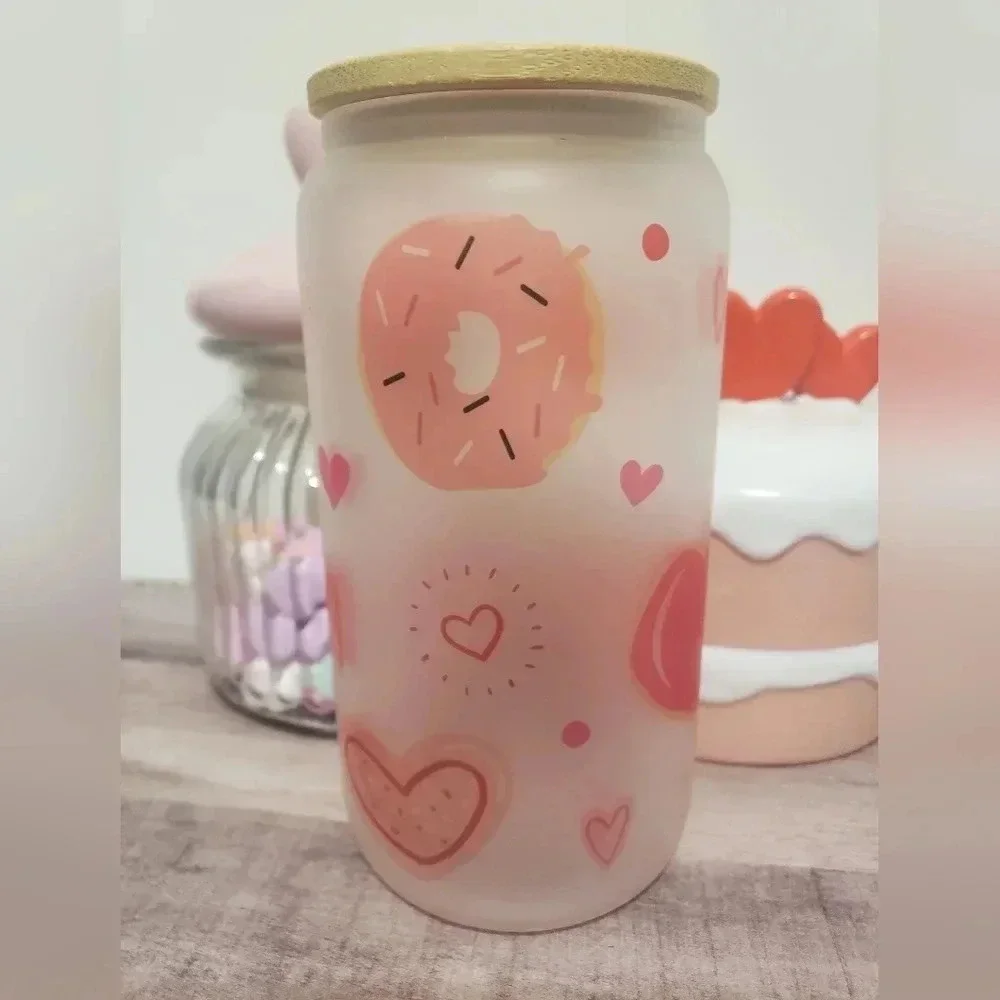 16oz donut hearts frosted glass‎ custom cup with lid and straw, valentines day